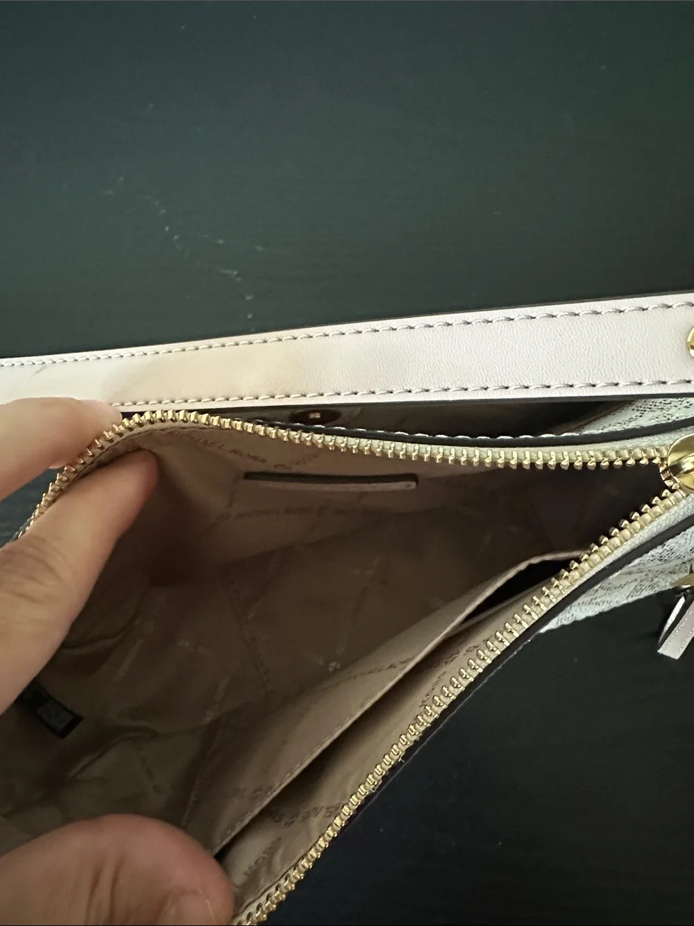 Michael Kors Light Beige Monogram Crossbody Bag with Pink Trim
